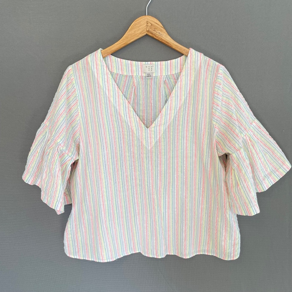 A NEW DAY Women’s XXL White Neon Metallic Stripe V-neck Ruffle Sleeve Top